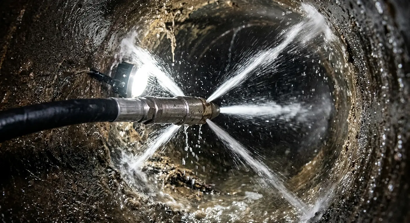 High-pressure hydro jetting nozzle cleaning sewer pipe for Emergency Drain Service in Rostraver