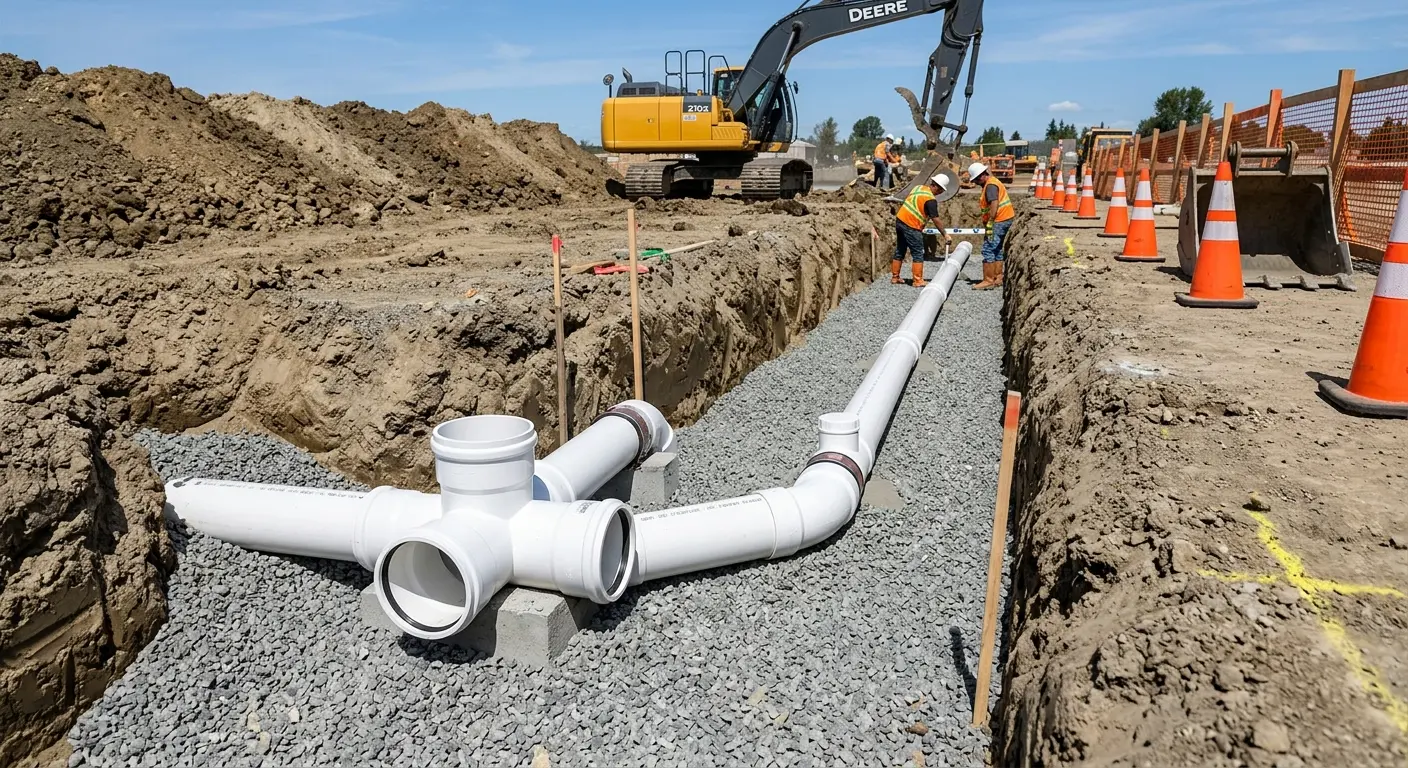 New PVC sewer pipe installation in open trench for Commercial Drain Cleaning in Rostraver