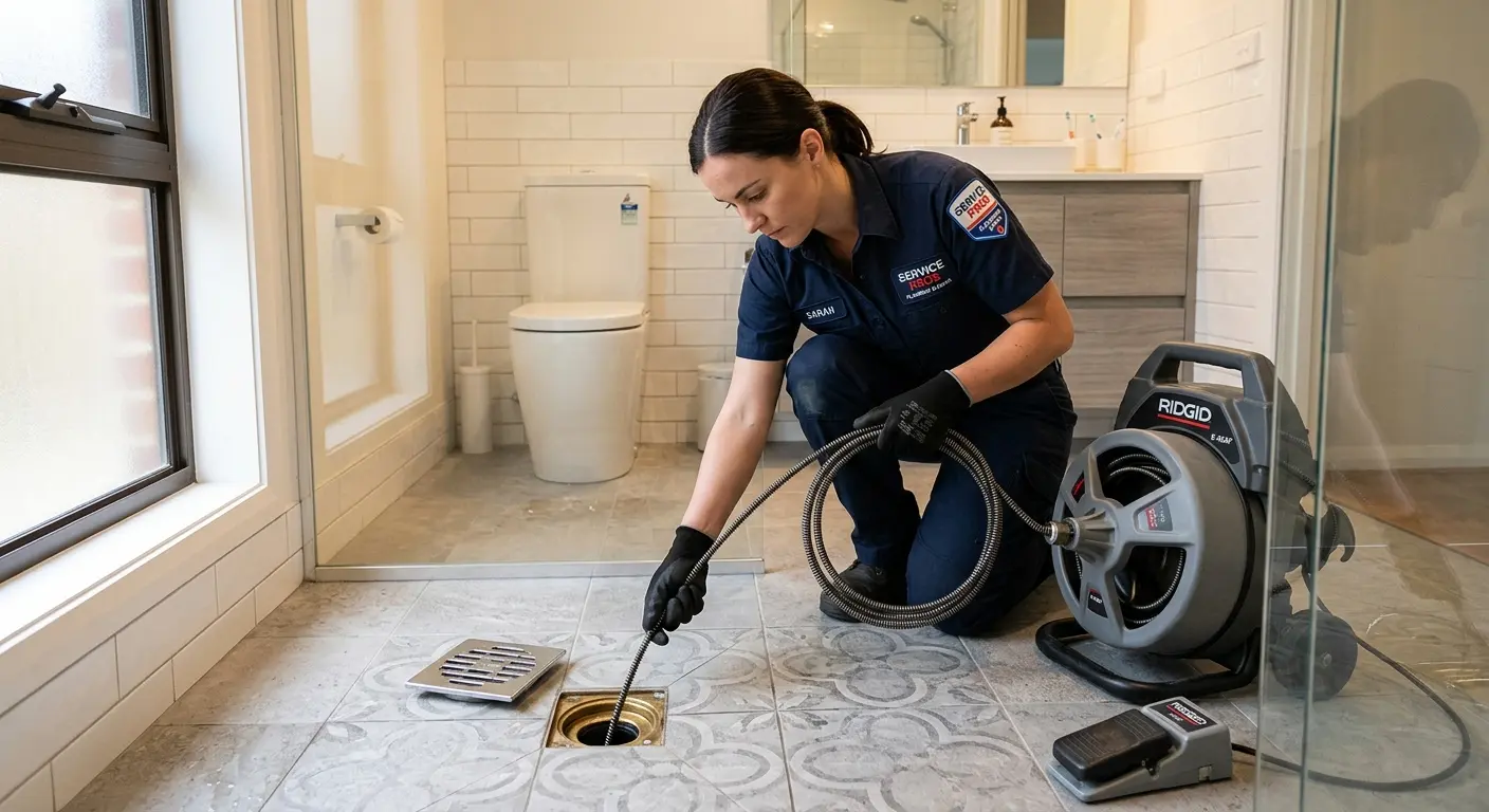 Technician clearing a bathroom floor drain for Clogged Drain Repair in Rostraver